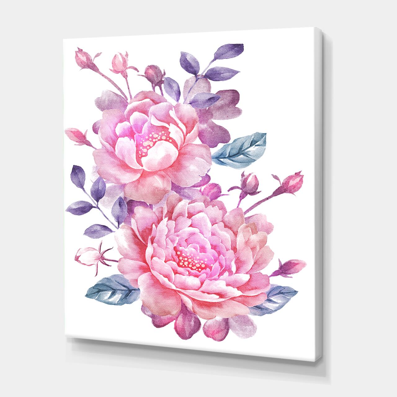 Designart - Pink Retro Flowers With Blue Leaves - Traditional Canvas Wall Art Print